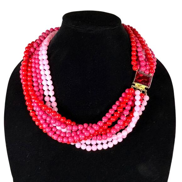 Hattie Carnegie Vintage Pink Red Glass Bead Statement Necklace 1950s Signed - Picture 1 of 8